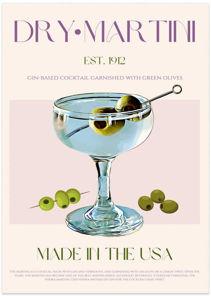 Dry martini cocktail poster with a graphic of a Dry Martini in a glass with olives and a skewer