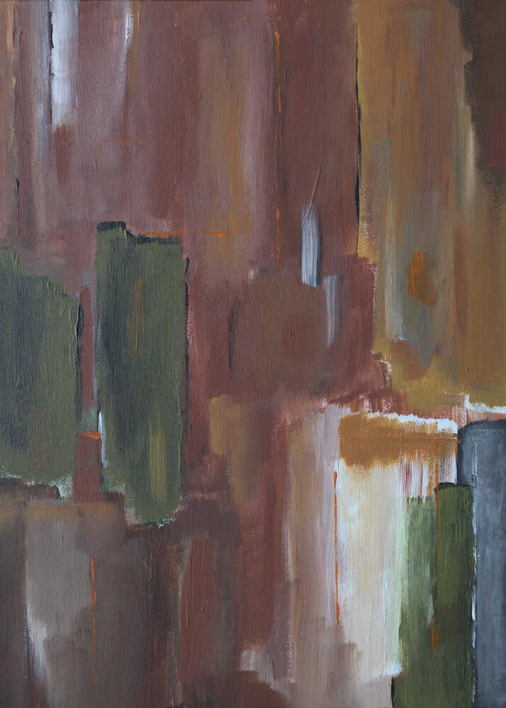 Earthy abstract cityscape poster with an abstract painting of buildings in brown, green and beige tones