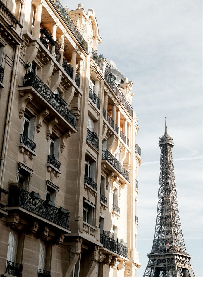 Eiffel Tower building poster with the Eiffel Tower next to a Parisian building with balconies