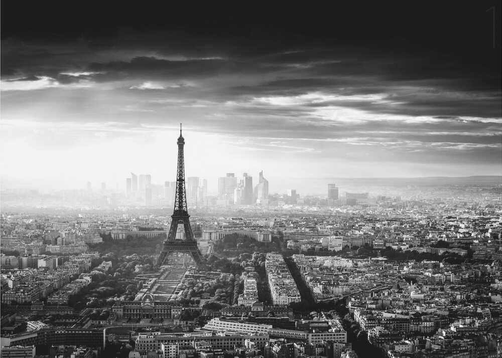 Eiffel Tower Paris bw poster with a black and white aerial view of the Eiffel Tower and Paris skyline