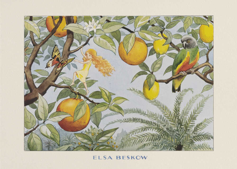 Elsa Beskow poster with a girl, a butterfly and a parrot in an orange tree