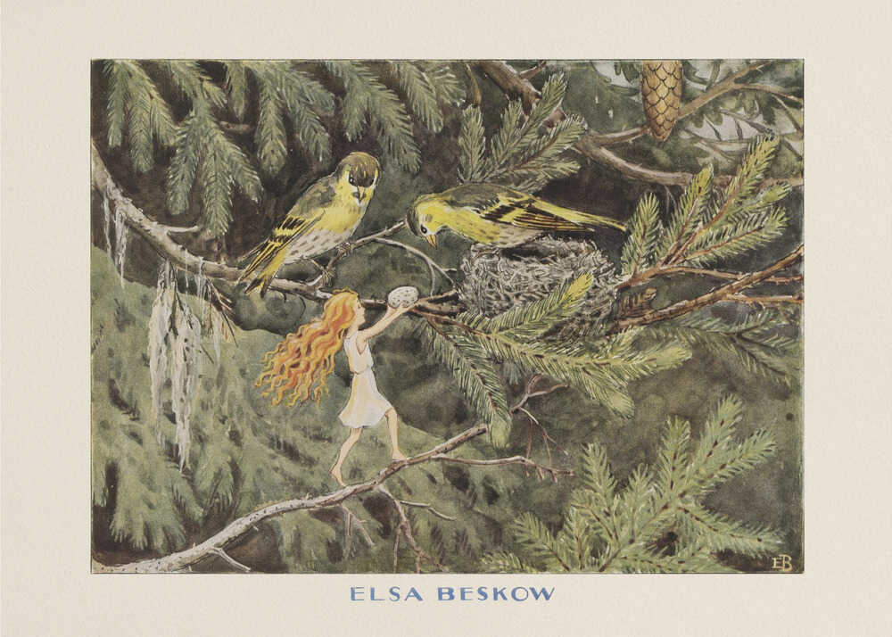 Elsa Beskow poster with a red-haired girl offering an egg to birds in a spruce
