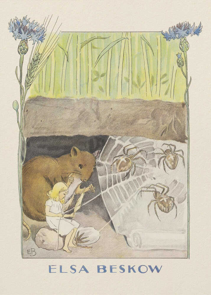 Elsa Beskow poster with a girl, a mouse and spiders under a log