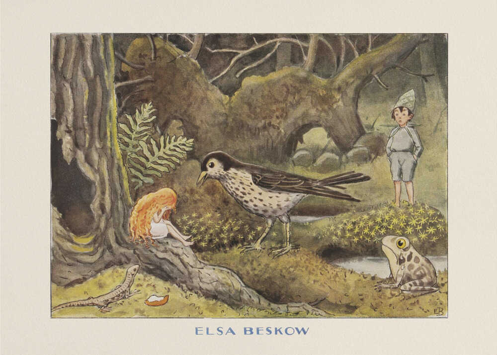 Elsa Beskow poster with a red-haired girl, a thrush, a frog and a lizard in the forest