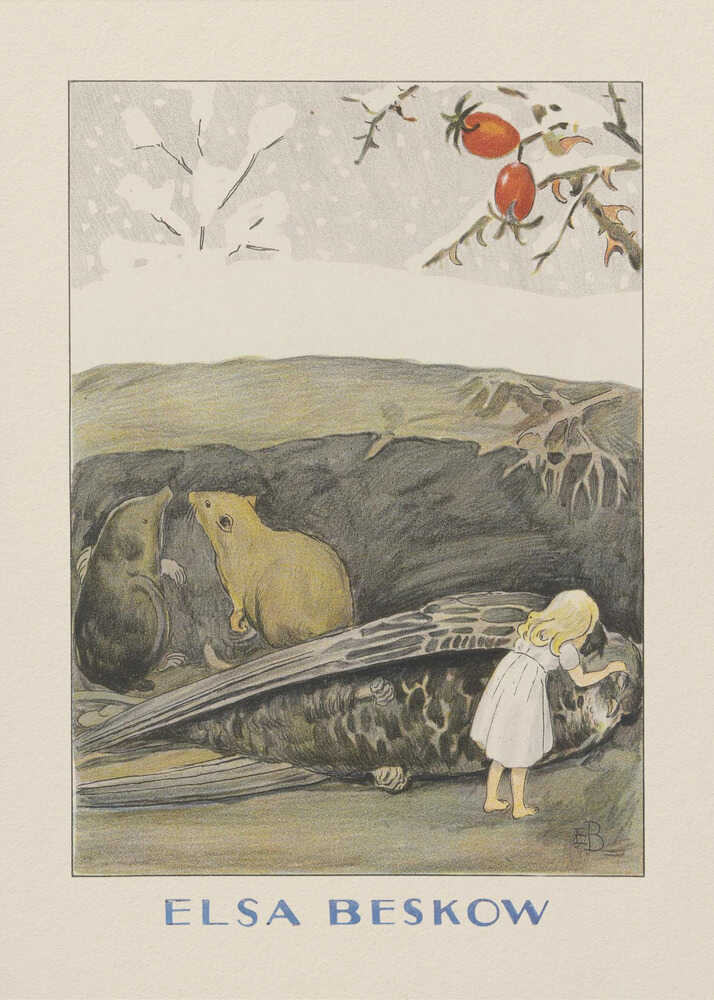 Elsa Beskow poster with a girl, a mole and a mouse beside a wood grouse in the snow