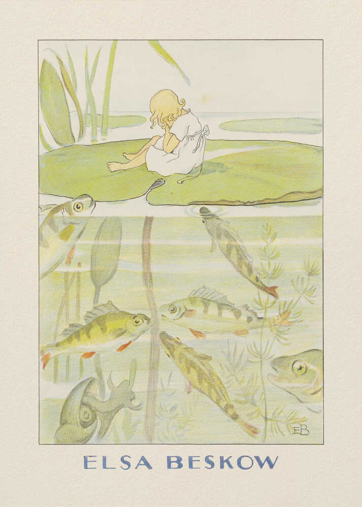 Elsa Beskow poster with a girl on a lily pad and fish swimming below