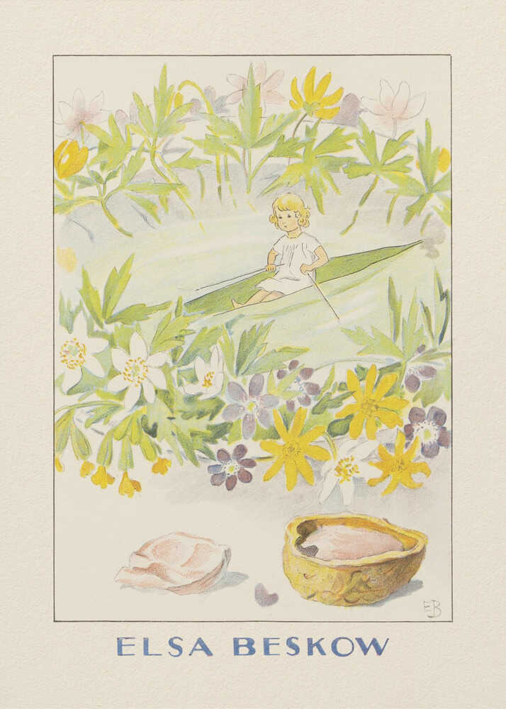 Elsa Beskow poster with a girl rowing a leaf boat among spring flowers