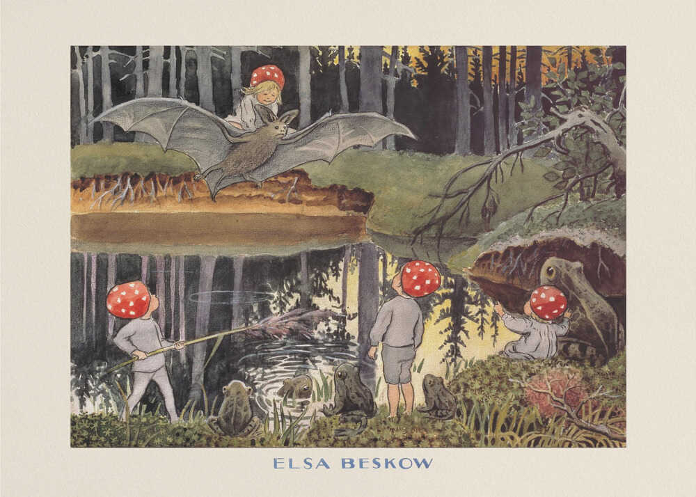 Elsa Beskow poster with mushroom children, a bat and frogs by a forest pond