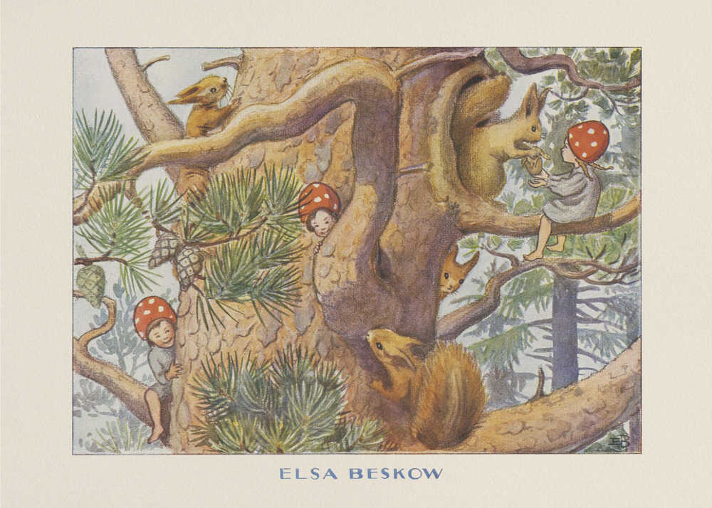 Elsa Beskow poster with mushroom children and squirrels in a pine tree