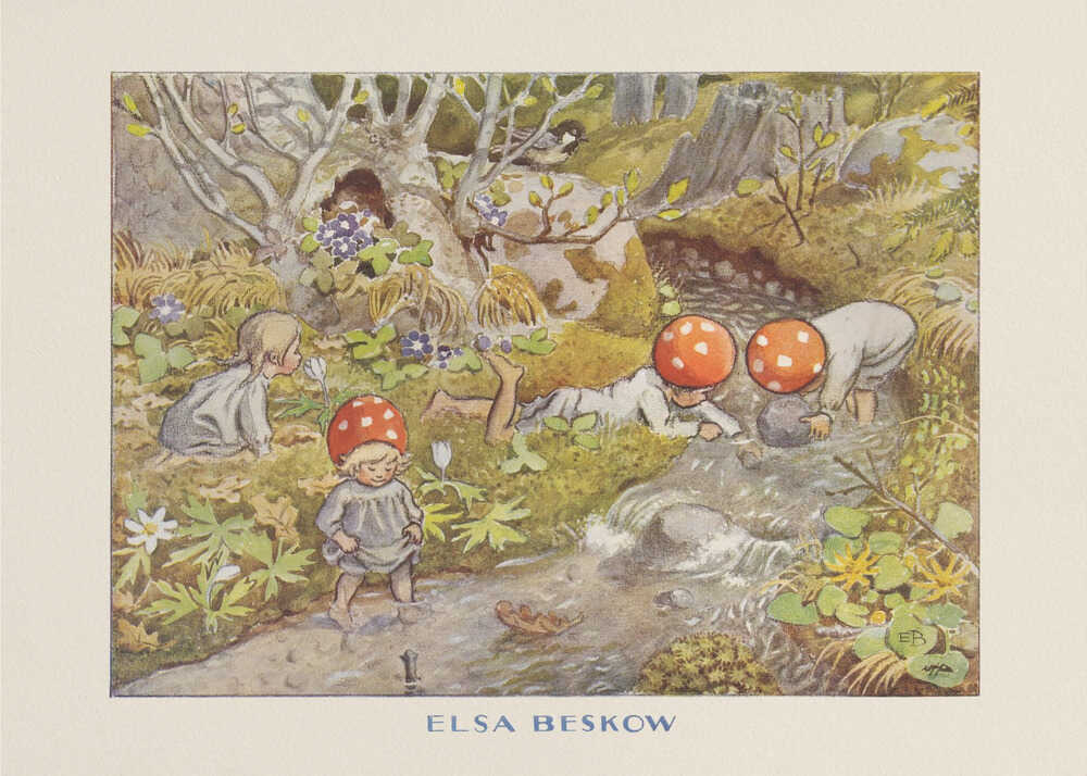 Elsa Beskow poster with mushroom children playing by a forest stream
