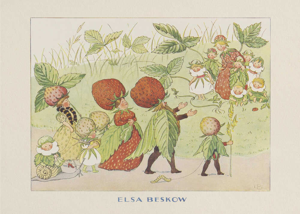Elsa Beskow poster with strawberry children and berry folk in a garden