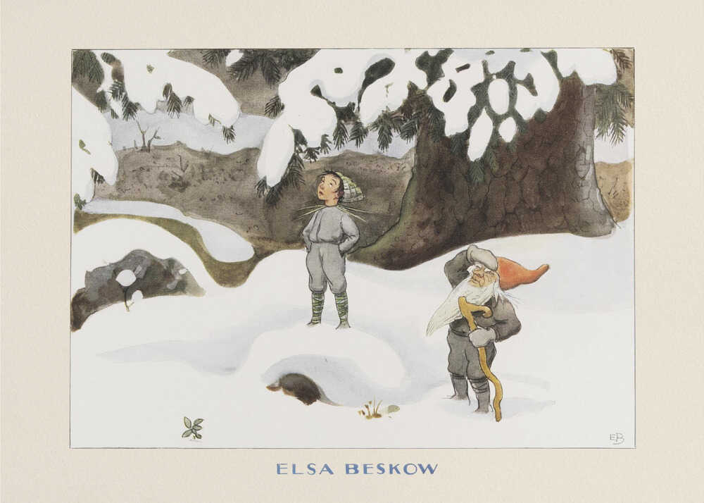 Elsa Beskow poster with a child and a gnome in the snow
