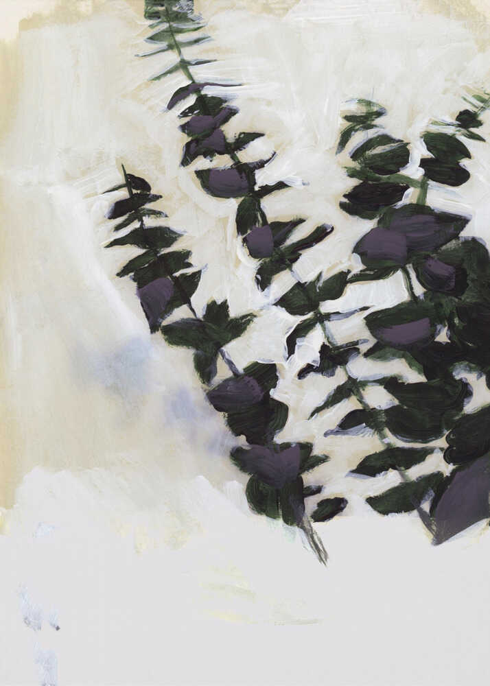 Eucalyptus leaves painting poster with a painterly botanical illustration of dark green and purple eucalyptus leaves