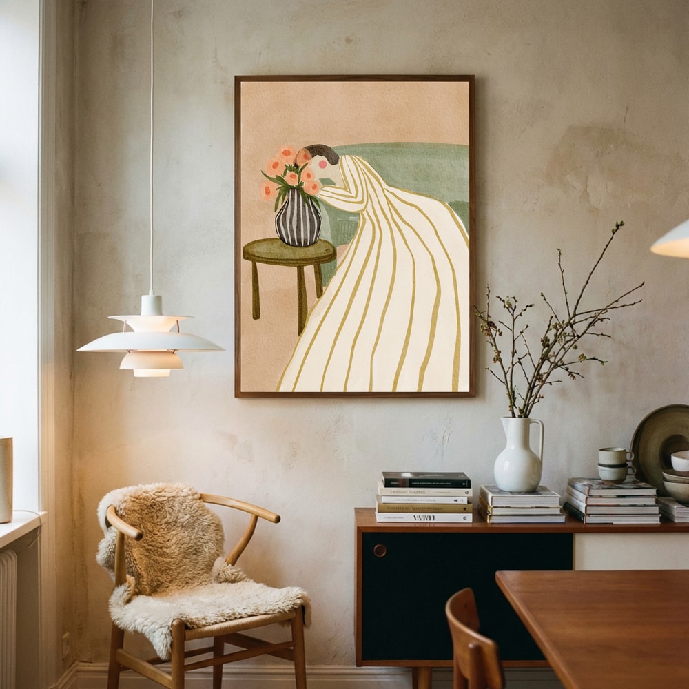 Kvinde, der beundrer blomster-plakat