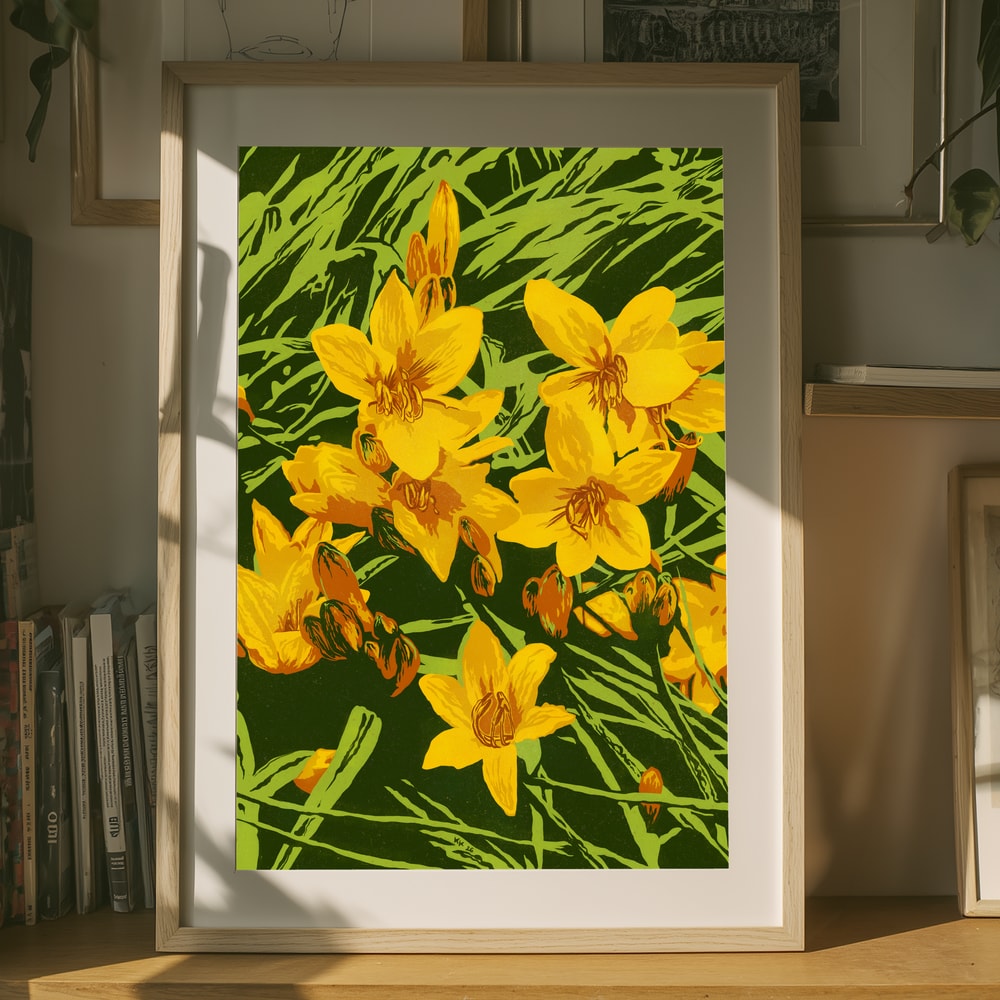 Plakat med strålende gyldne blomster