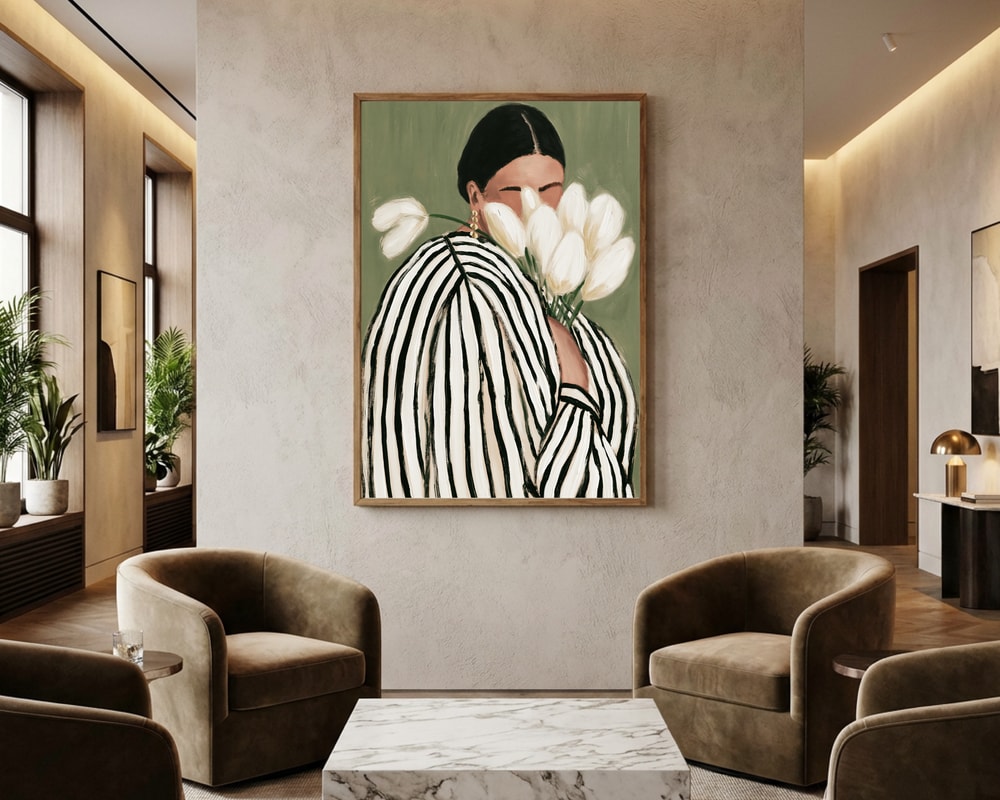 Kvinde med blomster, stribet kvinde med tulipaner illustration plakat