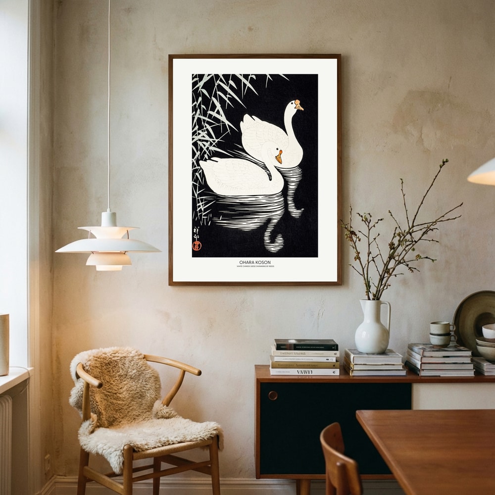 White Chinese Geese Swimming by Reeds Poster