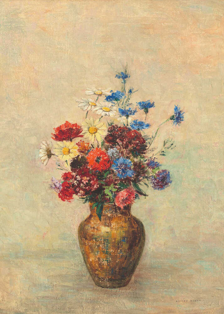 Flower bouquet brown vase poster with a colorful flower bouquet in a brown vase on a beige background