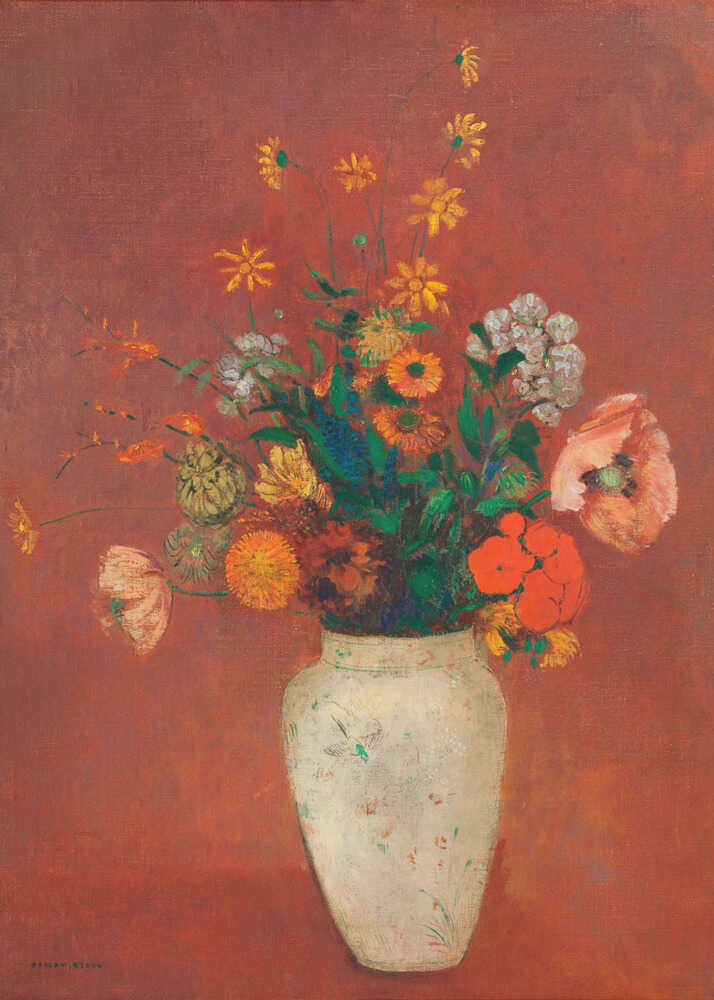 Flower bouquet vase poster with a colorful flower bouquet in a white vase on a red background