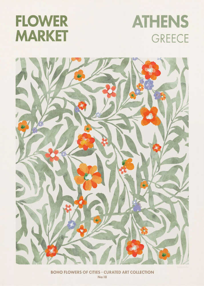 Flower market Athens poster with a botanical pattern of orange, red and purple flowers and green leaves labeled Flower Market Athens Greece