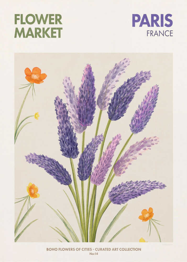 Flower market Paris poster with a botanical pattern of purple lavender flowers and small orange blooms labeled Flower Market Paris France