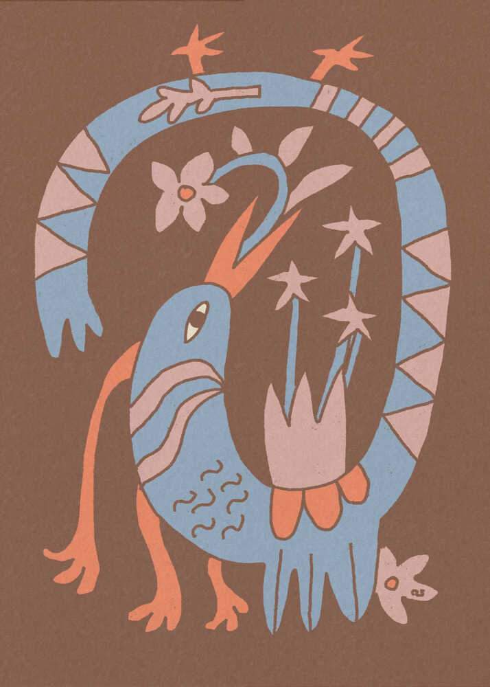 Folk art stylized bird poster with a folk art illustration of a blue bird with orange legs surrounded by flowers and stars