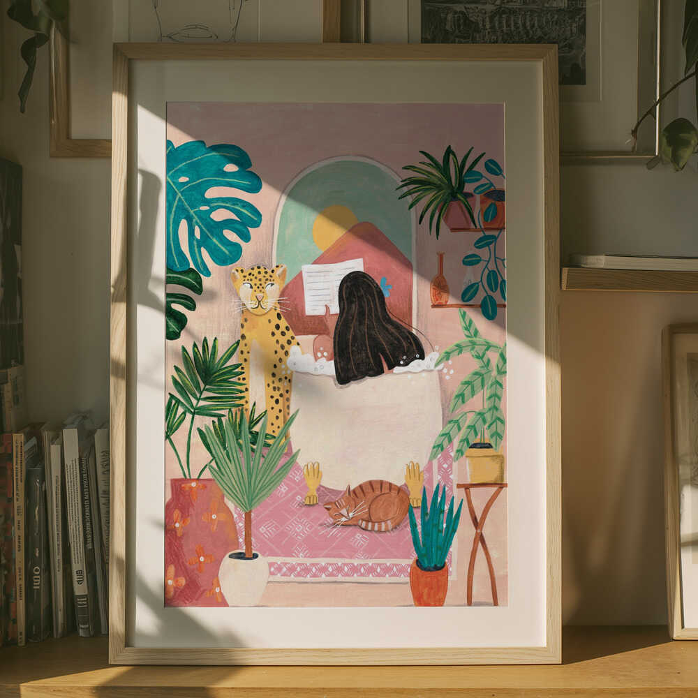 Woman taking bath in pink tropical bathroom Poster