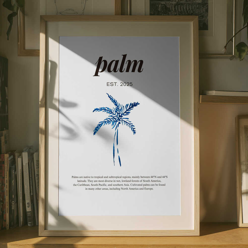 Blå akvarelplakat med palmetekst