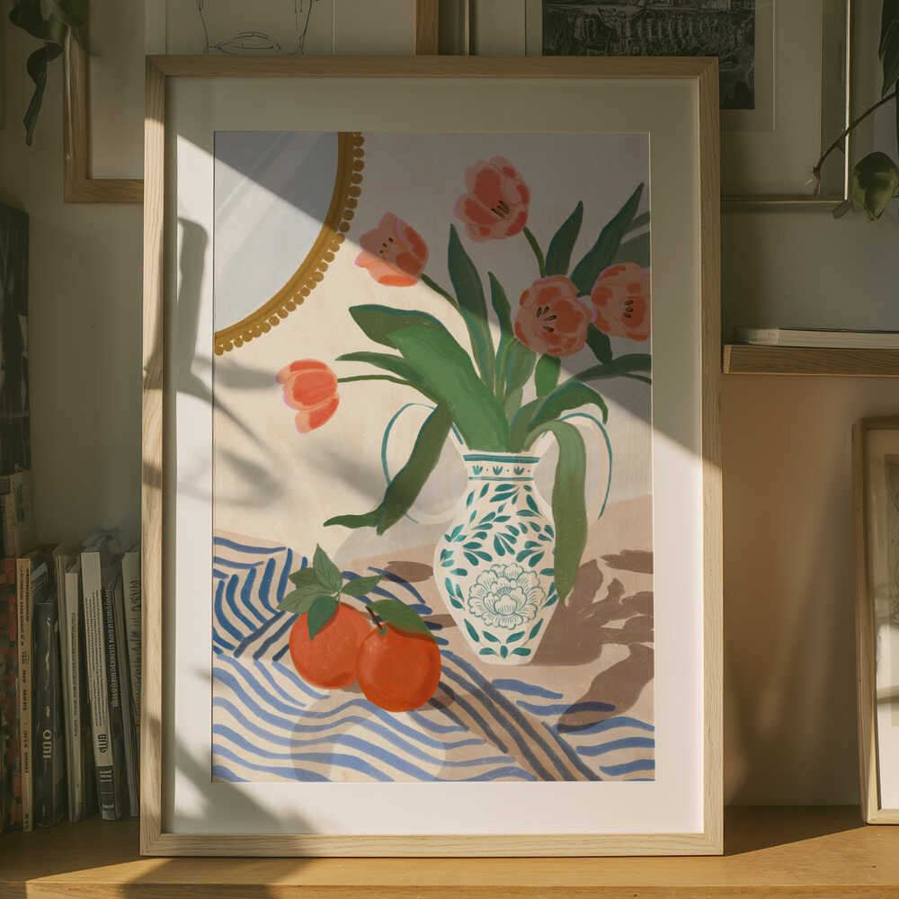 Plakat med friske tulipaner og appelsiner