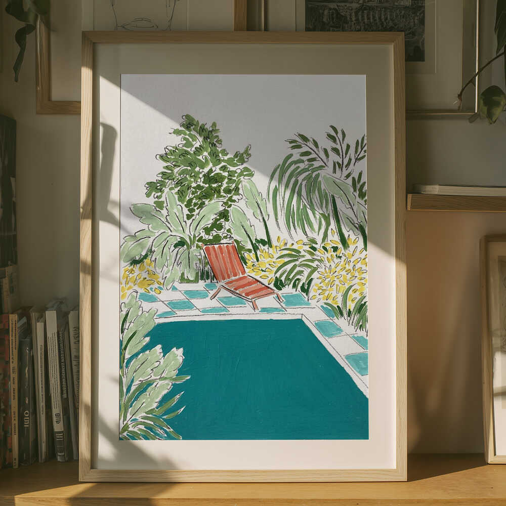 Afslappende haveplakat ved poolen