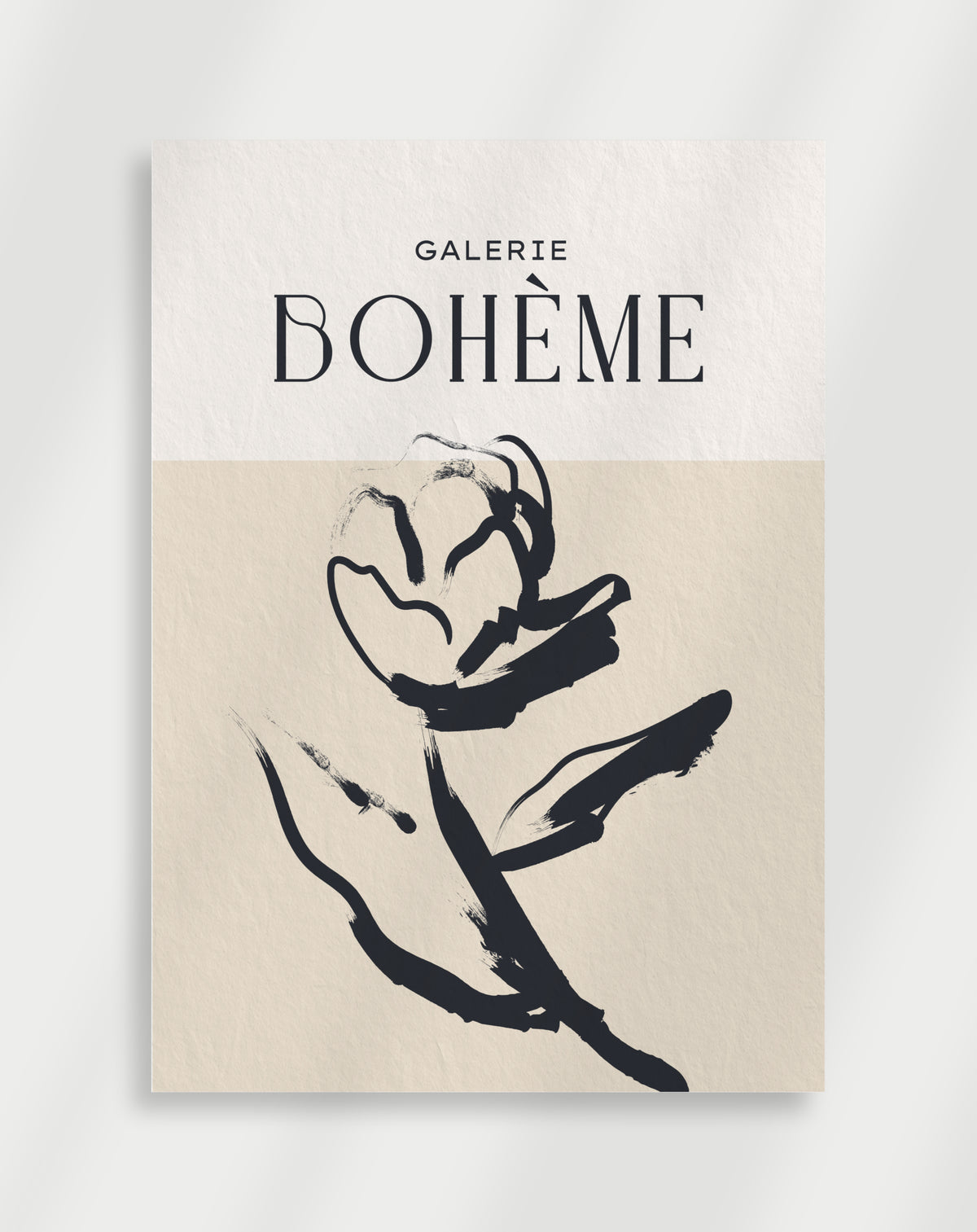 Galerie Boheme flower poster with a black brushstroke drawing of a flower labeled Galerie Boheme