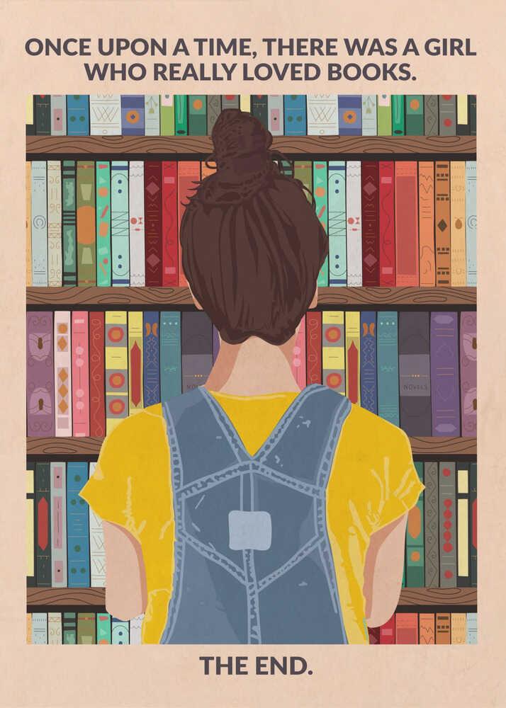 Girl who loved books poster with a graphic illustration of a girl standing in front of colorful bookshelves
