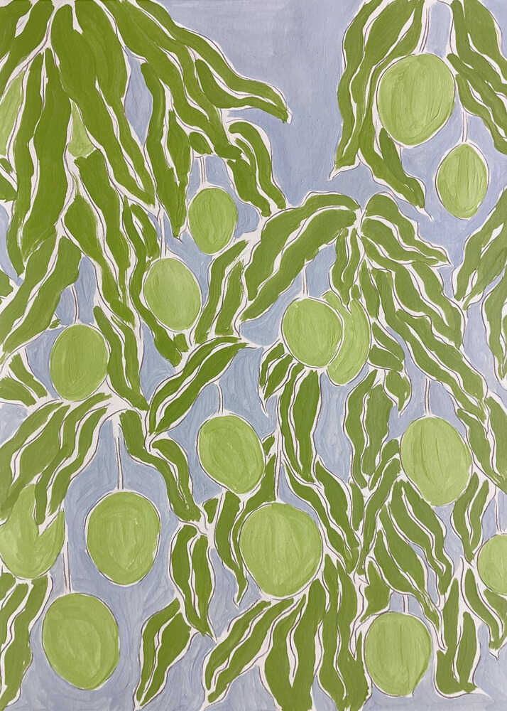 Graphic green fruits leaves poster with a patterned illustration of green leaves and round green fruits against a light blue background