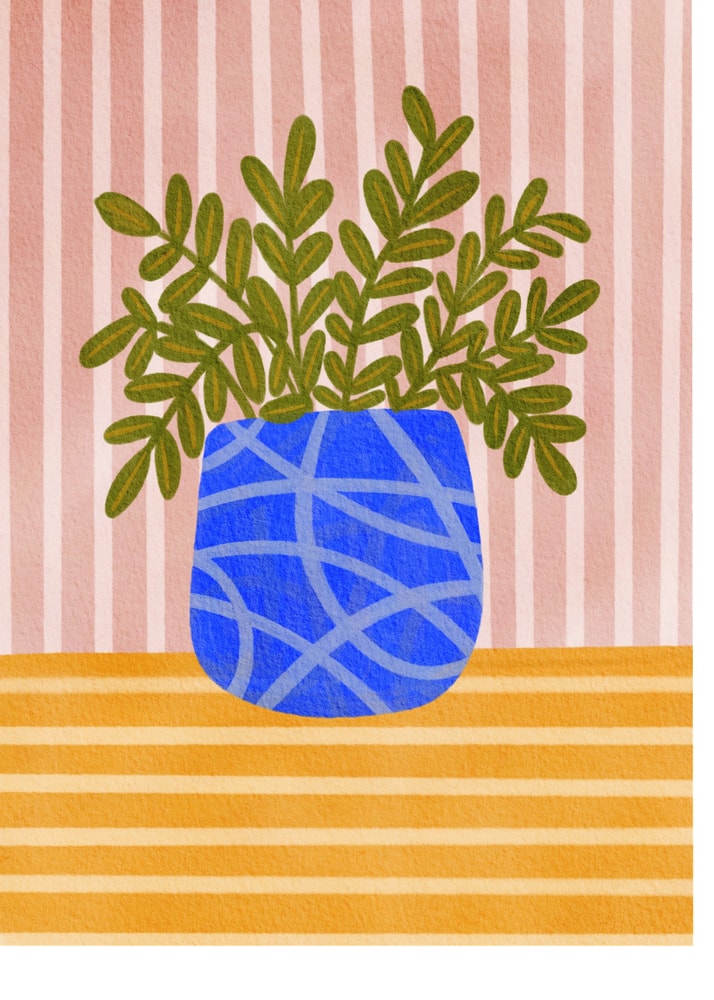 Graphic plant blue pot poster with a flat graphic illustration of a green leafy plant in a blue patterned pot against striped background