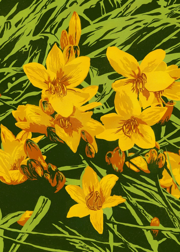 Graphic yellow flowers green poster with a bold graphic illustration of yellow-orange flowers and green foliage on a dark background