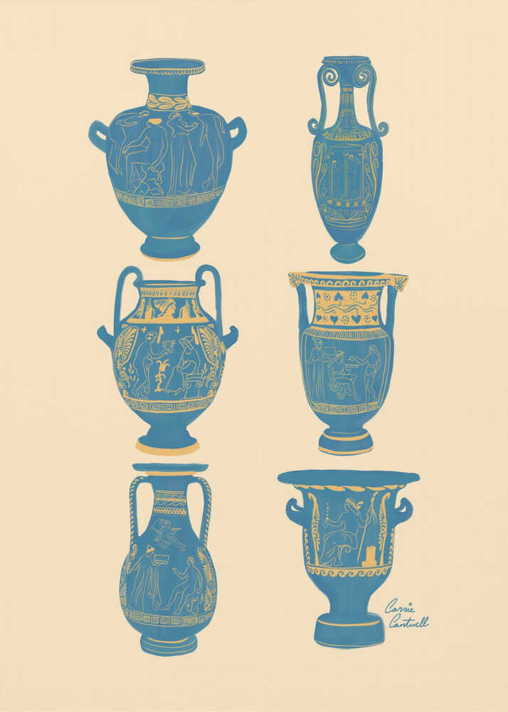 Greek amphorae vases poster with a graphic of several blue Greek-style amphorae and vases with yellow figures
