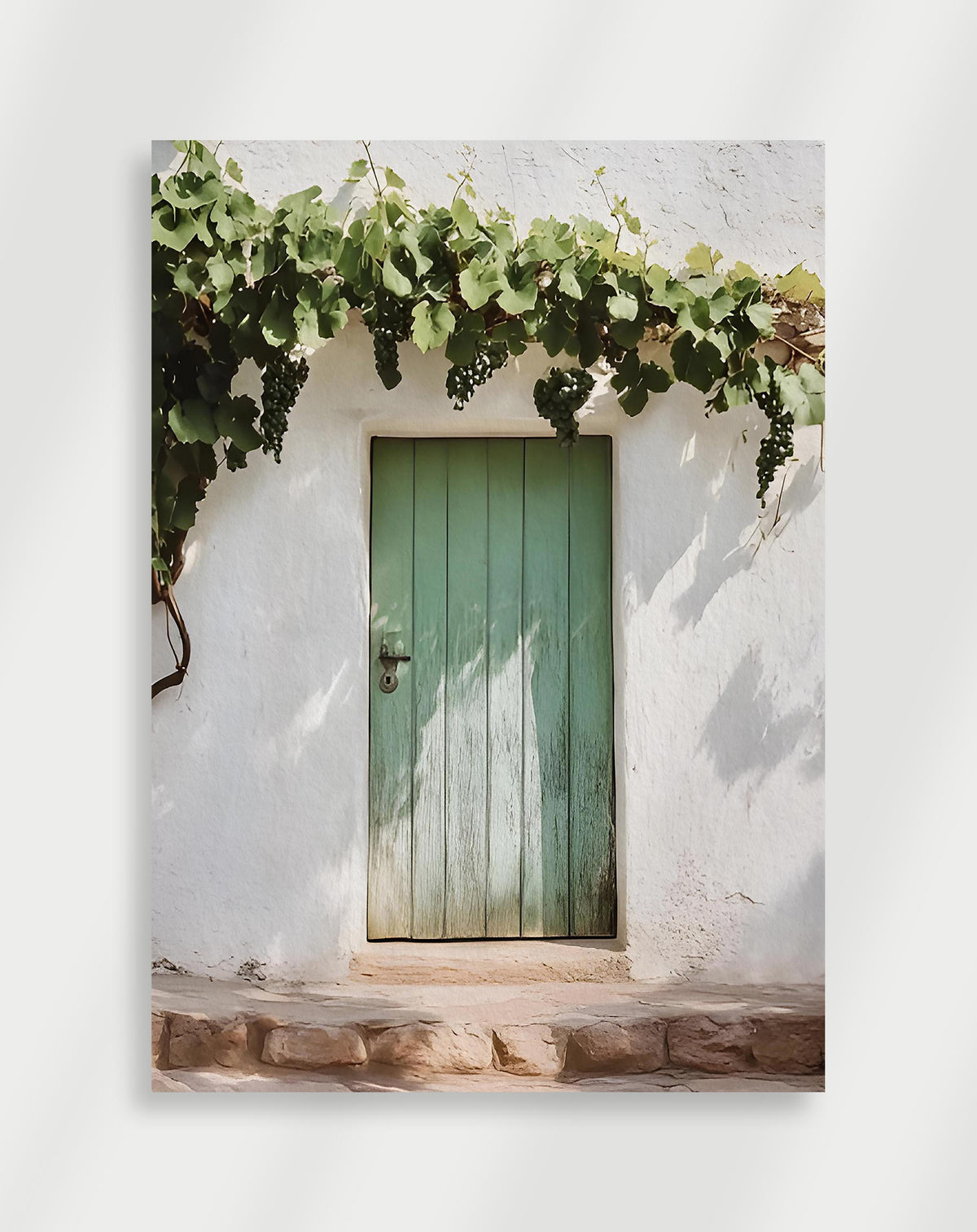 Green door grapes poster with a green wooden door on a white wall under hanging grapevines