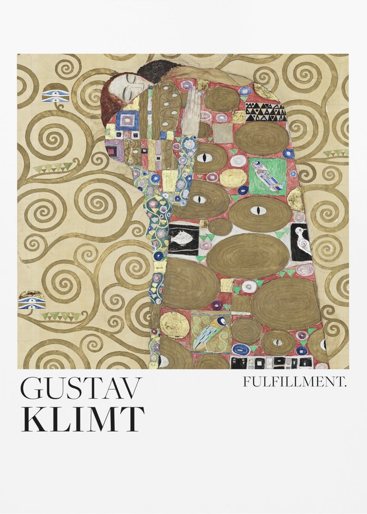 Gustav Klimt Fulfillment wall art with an embracing couple in gold patterns, 1909
