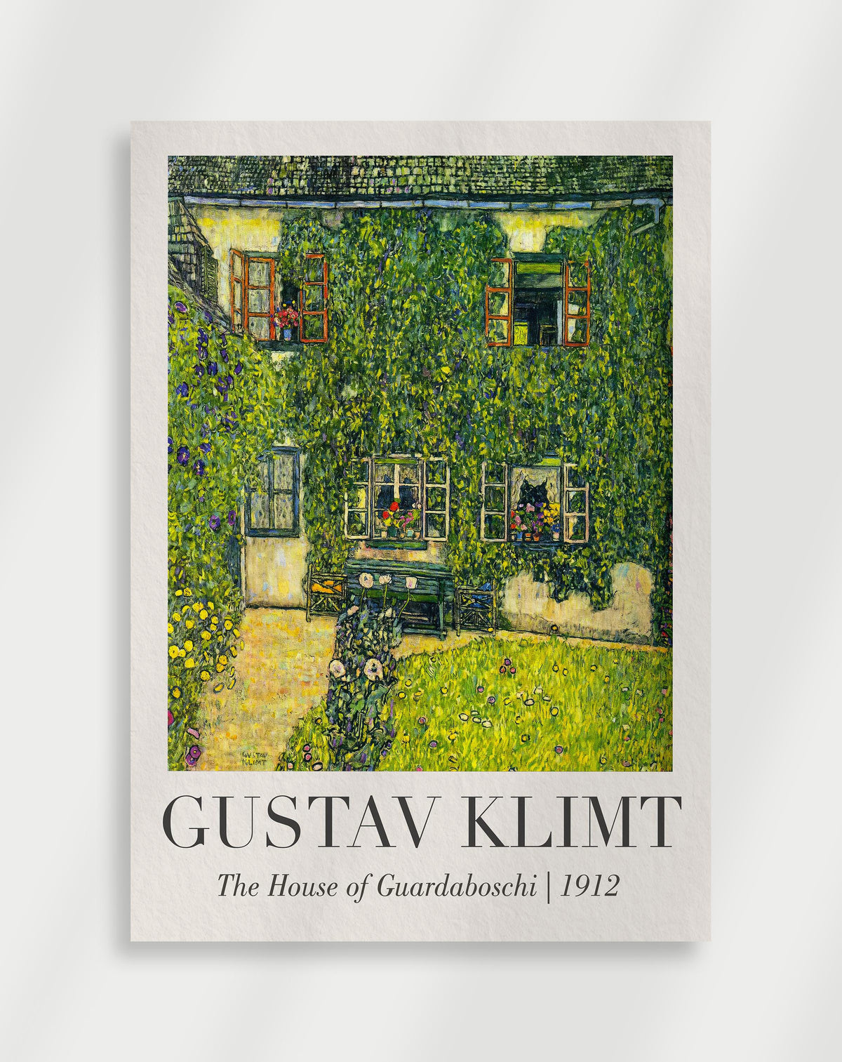 Gustav Klimt House of Guardaboschi 1912 poster with a Gustav Klimt painting of a house covered in green ivy with windows and garden