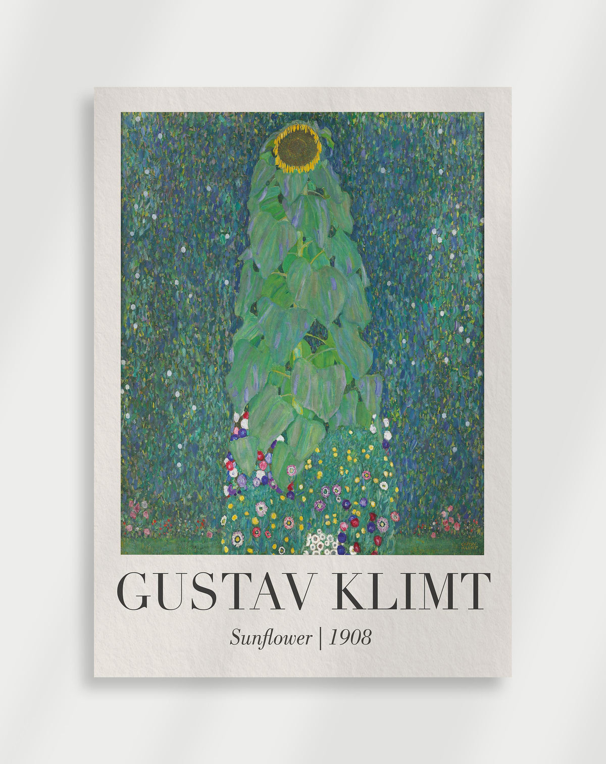 Gustav Klimt Sunflower 1908 poster with a Gustav Klimt painting of a tall sunflower plant with leaves and colorful flowers