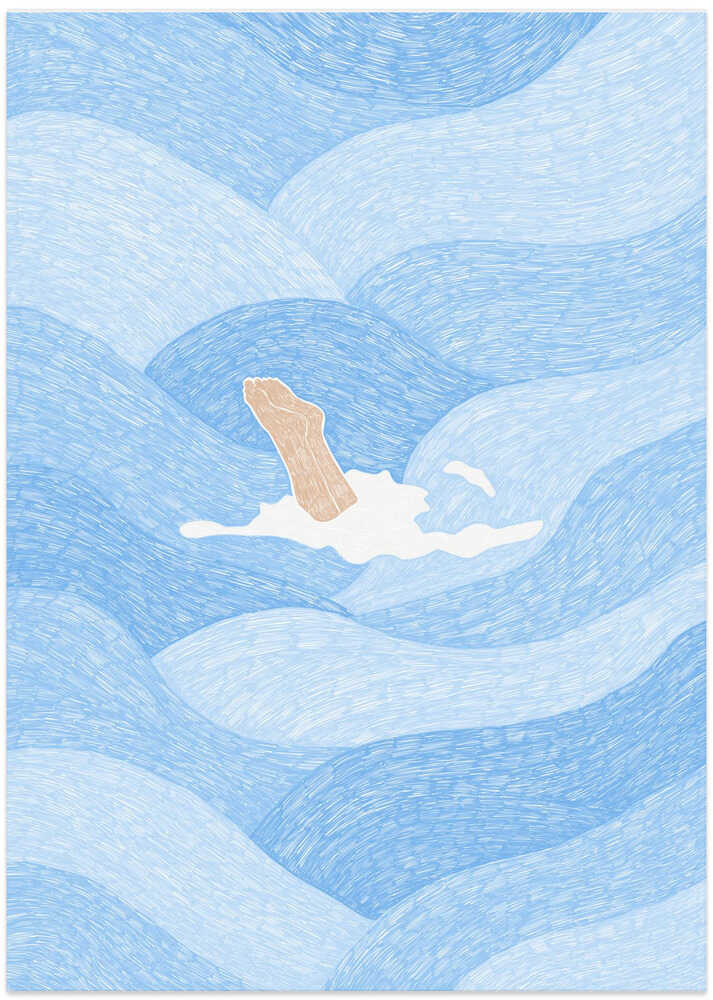 Hand blue waves poster with a graphic illustration of a hand emerging from blue wavy water patterns