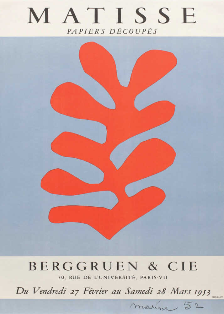 Henri Matisse Papiers Decoupes poster with a red leaf on blue, Berggruen Paris 1953