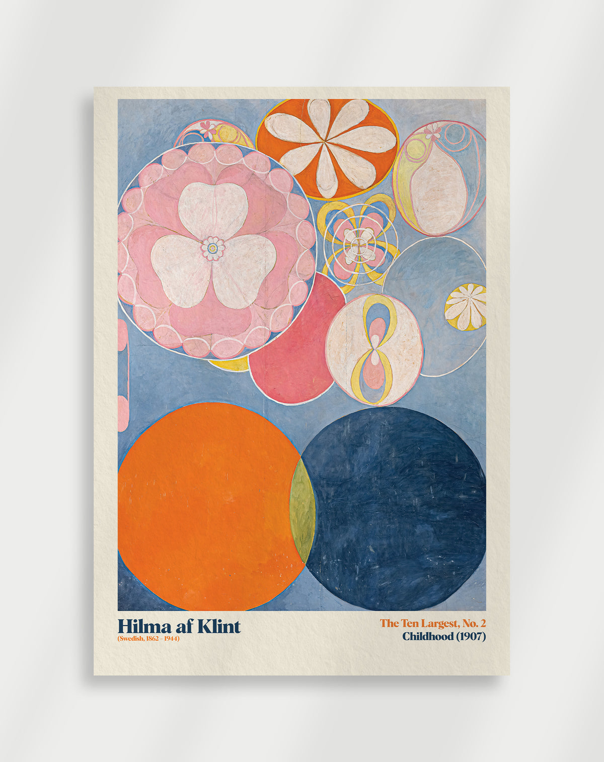 A poster featuring abstract shapes in various colors including pink, orange, blue, and white, with a title and signature visible at the bottom.