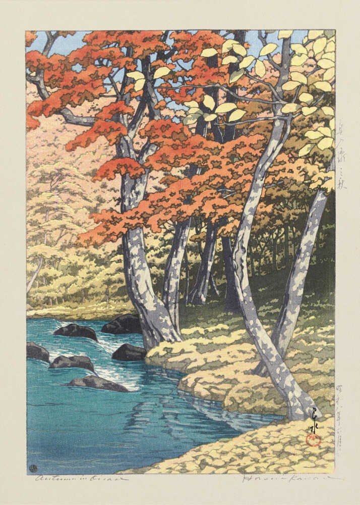 Hiroshi Yoshida Autumn in Oirase poster with red maple trees by a blue river