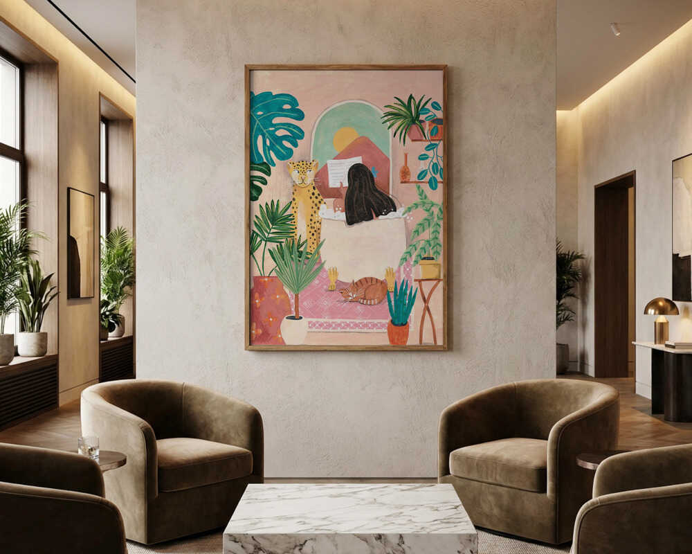 Woman taking bath in pink tropical bathroom Poster