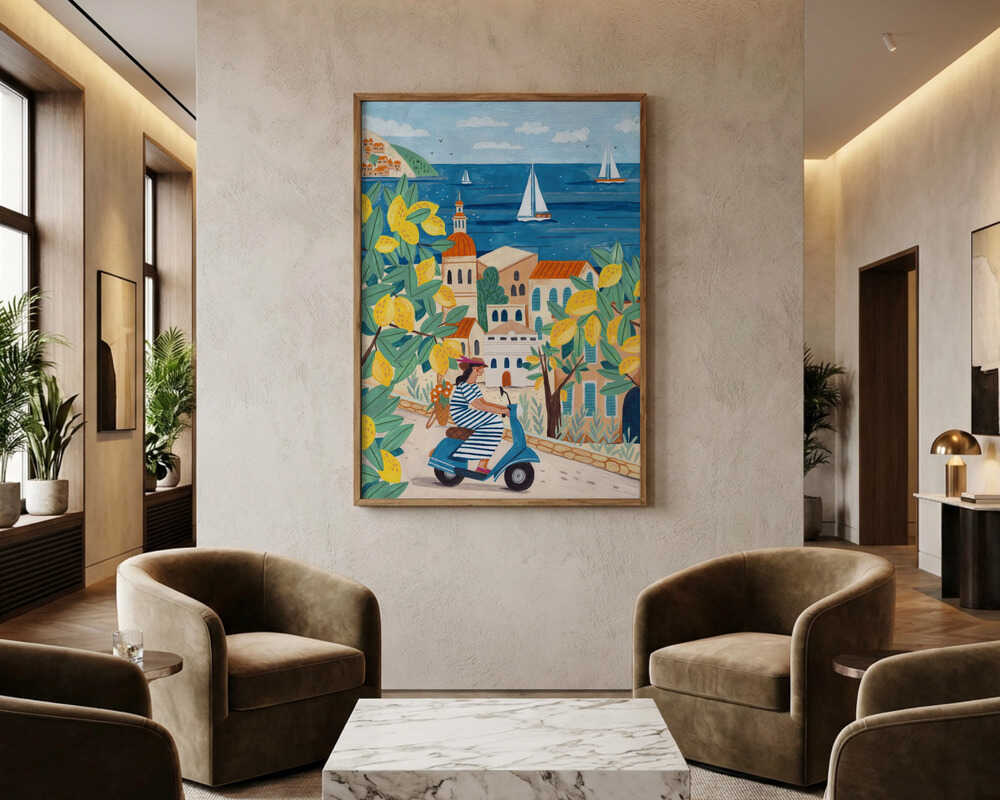 Rejseplakat: kvinde på Amalfikysten, Italien Plakat
