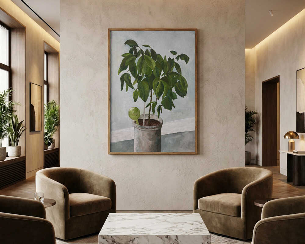 Stilleben: Plakat med potteplante