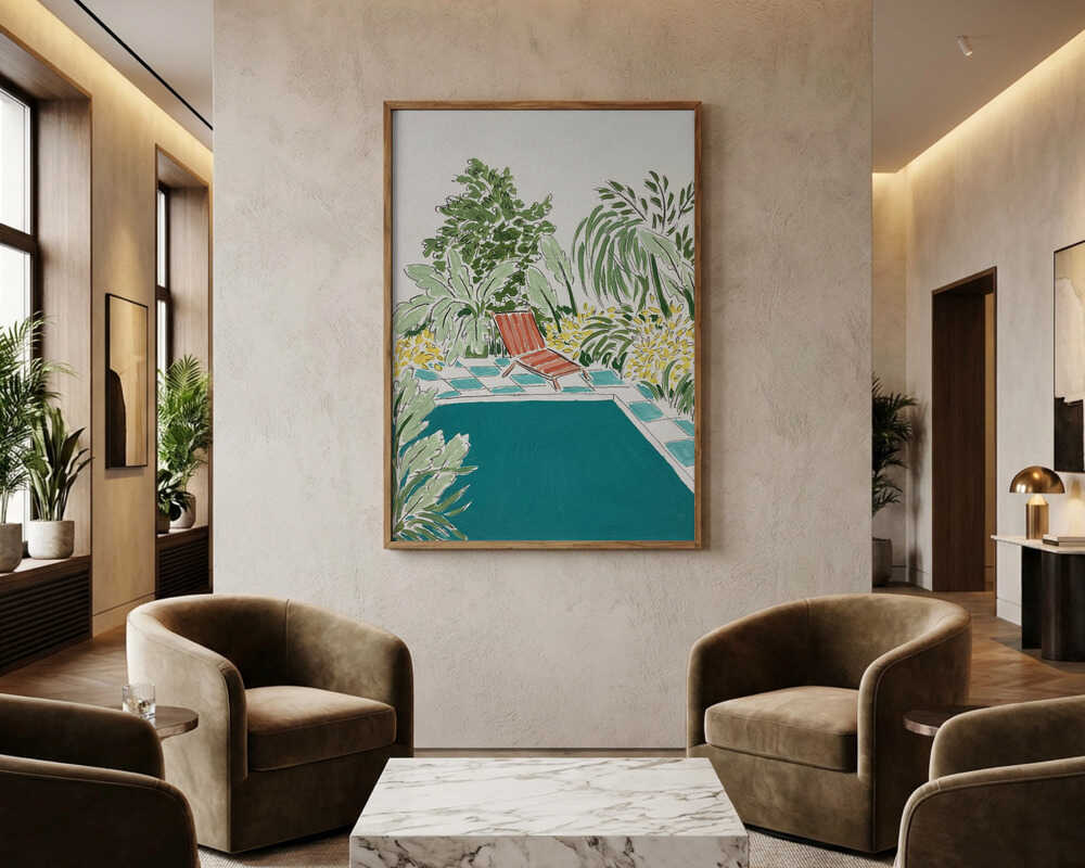 Afslappende haveplakat ved poolen