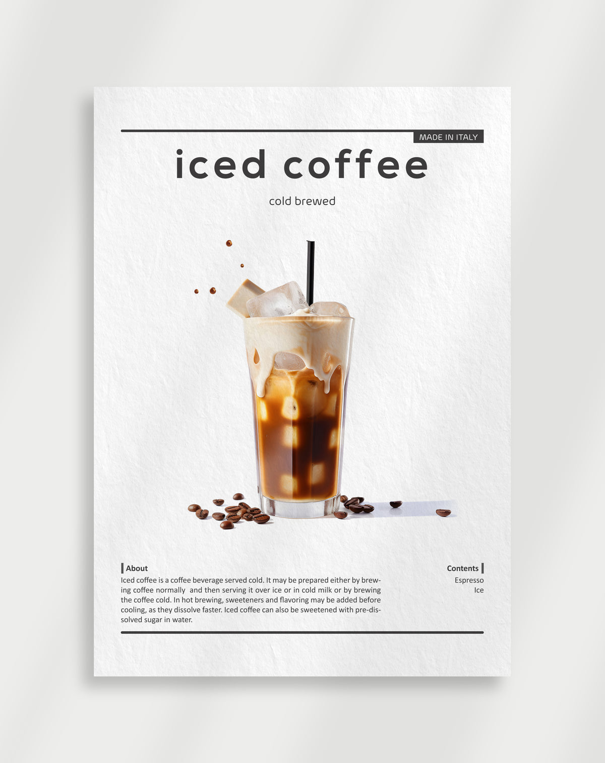 Iced coffee cold brewed poster with a glass of iced coffee, beans and the text iced coffee