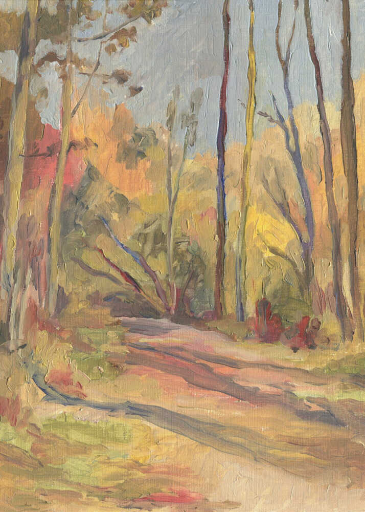 Impressionist forest path painting poster with an impressionistic landscape of a forest path with tall trees in autumn colors